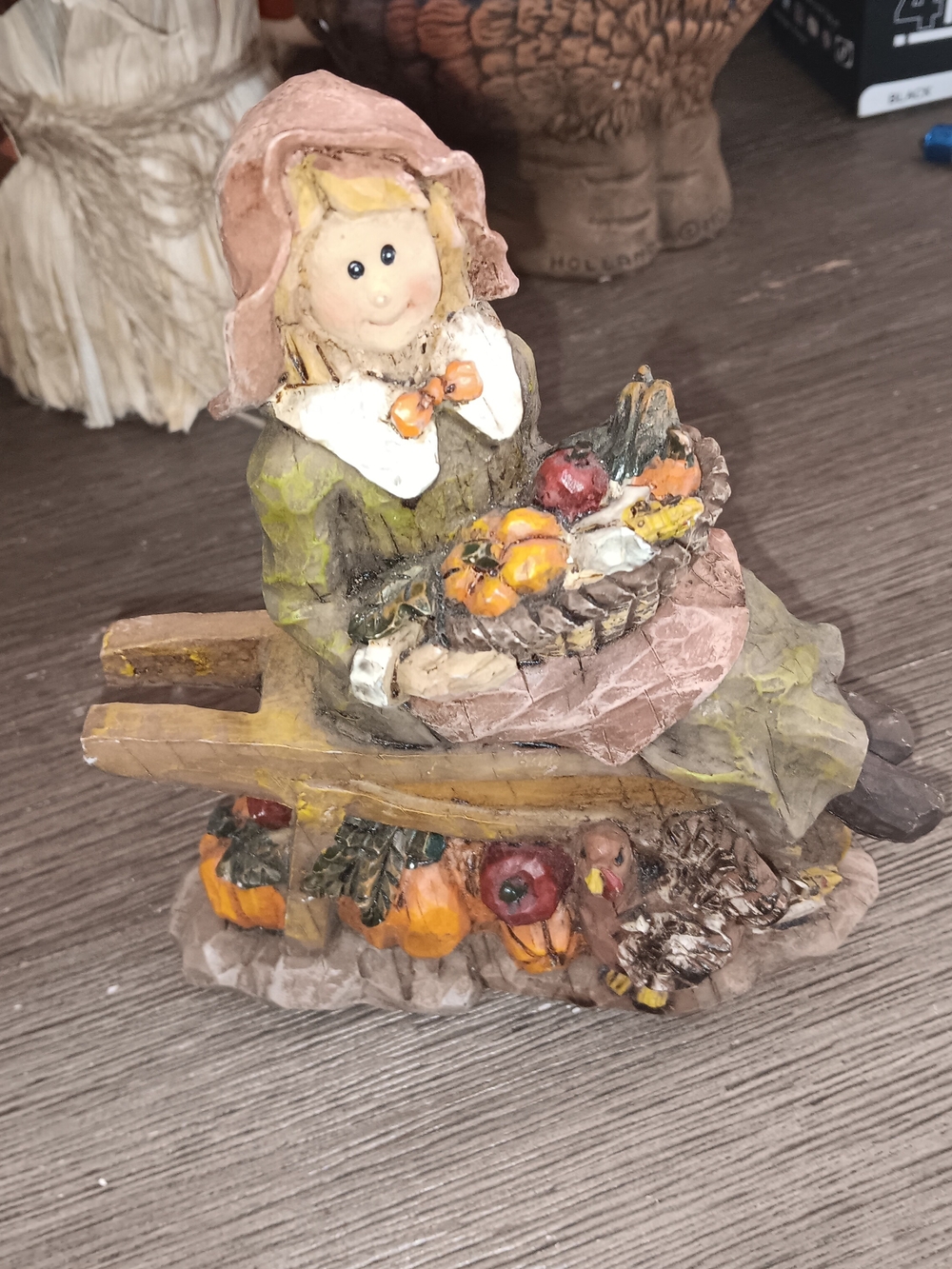 Orange and Green Autumn Girl with Fruit Basket Sculpture